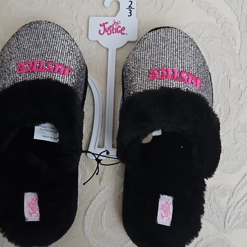 Justice Silver and Black Slippers with Pink Logo